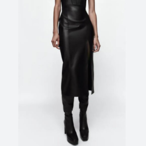 ZARA WOMEN BLACK TOPSTITCHED FAUX LEATHER MIDI DRESS SIZE S NWT - Picture 4 of 8